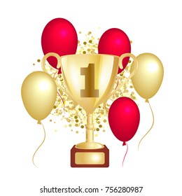 Winner gold cup with balloons.