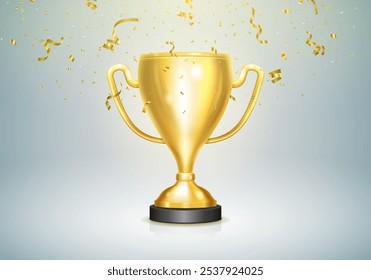 Taça de ouro vencedora com confete. Taça de troféu metálico. Ilustração vetorial.