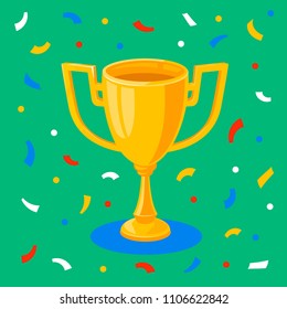 Winner gold cup and confetti on green background. First place prize. The winners goblet. Football soccer championship. Tropy reward. Flat cartoon style Vector illustration