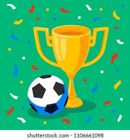 Winner gold cup, football ball and confetti on green background. First place prize. Sport winners goblet. Football or soccer championship. Tropy reward. Flat cartoon style Vector illustration