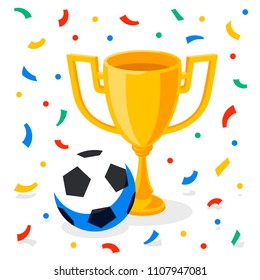 Winner gold cup, football ball and confetti on white background. First place prize. Sport winners goblet. Football or soccer championship. Tropy reward. Flat cartoon style Vector illustration