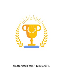 Winner gold cup. Laurel wreath for rewarding. Podium with first, second and third place. Winning sports and competition. Cartoon flat vector illustration. Objects isolated on a background.
