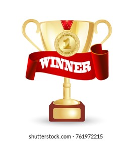 Winner gold cup with medal. Vector illustration.