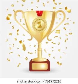 Winner gold cup with medal. Vector illustration.