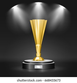 Winner gold cup. Metallic trophy cup on the podium, illuminated by spotlights. Vector illustration.