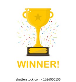 Winner gold cup with red ribbon.