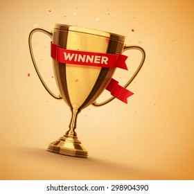 Winner gold cup with red ribbon, eps 10