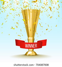 Winner gold cup with red ribbon and confetti. Metallic trophy cup. Vector illustration.