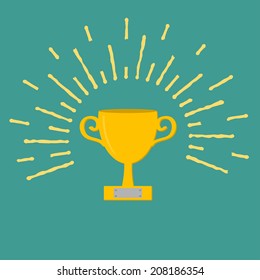 Winner gold cup trophy. Award symbol in flat design style. Ray of lights. Vector illustration
