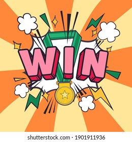 Winner gold medal with green ribbon isolated on retro background. Vector illustration.