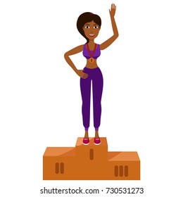 Winner with gold medal on the podium. Hispanic woman winning a competition. Latina sportswoman. Vector illustration of full body detailed character in a flat style, isolated on white background. Eps 8