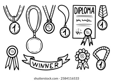 Winner gold medal on ribbon set. Hand drawn doodle illustration. First place. Achievement award. Competition victory. Sports games. Olympics. Ceremonial win. Vector line art.