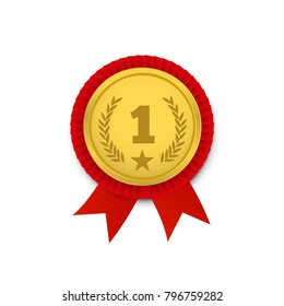 Winner Gold Medal With Red Ribbons. Vector illustration
