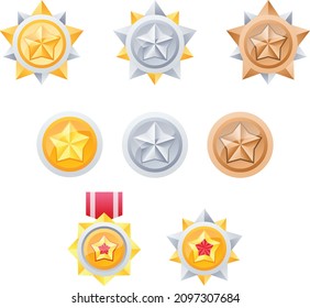 Winner Gold Silver Bronze medal star. Game achievement. Award vector illustration.