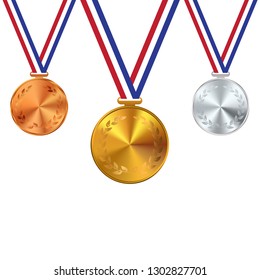 Winner Gold, Silver, Bronze Medals Set Vector. Metal Realistic Badge With First, Second, Third Placement Achievement. Competition Golden, Silver, Bronze Trophy
