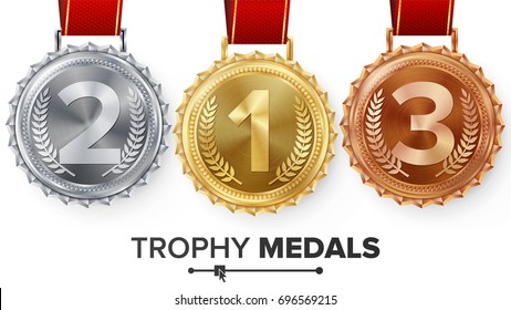 Winner Gold, Silver, Bronze Medals Set Vector. Metal Realistic Badge With First, Second, Third Placement Achievement. Round Label With Red Ribbon. Competition Golden, Silver, Bronze Trophy