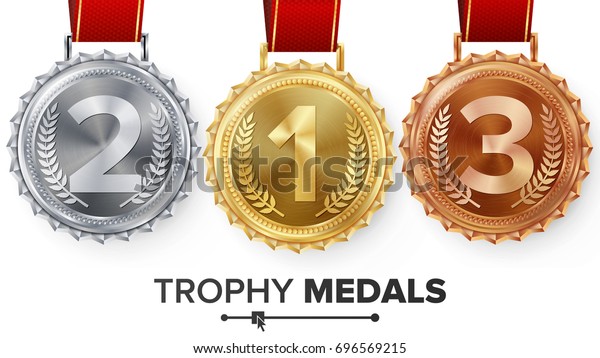 Winner\
Gold, Silver, Bronze Medals Set Vector. Metal Realistic Badge With\
First, Second, Third Placement Achievement. Round Label With Red\
Ribbon. Competition Golden, Silver, Bronze\
Trophy