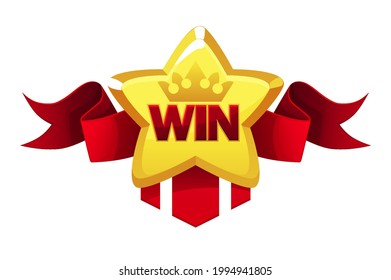 Winner gold star with red ribbon, app banner for ui game. Vector illustration simple golden star icon for graphic design, award for champion.
