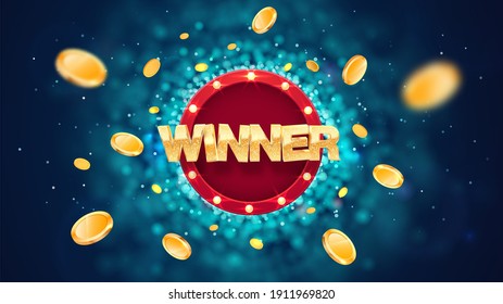 Winner gold text on retro red board vector banner. Win congratulations in frame illustration for casino or online games. Explosion coins  on dark blue background with blur motion effect