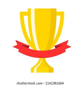 Winner gold trophy gold cup with red ribbon flat vector icons for sports victory concept. Sport award and prize, trophy cup illustration