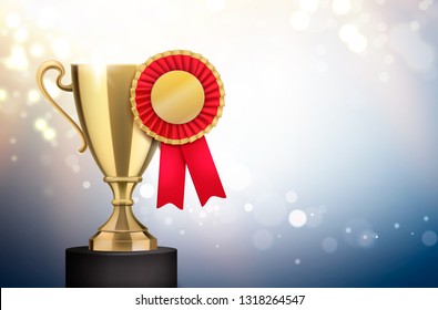 Winner gold trophy with red pleated badge rosette award realistic closeup composition blurry light background vector illustration