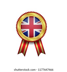 Winner golden badge with red ribbon and United Kingdom flag