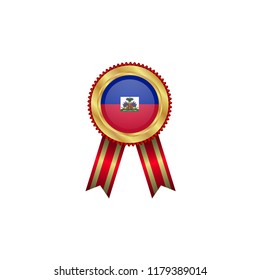 Winner golden badge with red ribbon and Haiti flag.Haiti quality