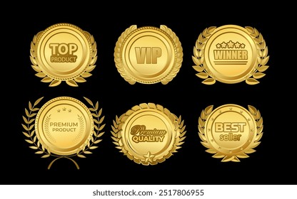 Winner golden badge with stars, laurel wreath and slogan. Medallion glossy VIP design. Top product, Best seller, Premium quality achievement labels. Victory symbol, winner award vector set