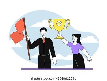 Winner with golden cup. Man with red flag and woman with trophy. Award for winner of tournament or competition. Award for best employee of month. Motivation and success. Linear vector illustration