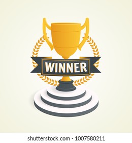 Winner golden cup on base. First place award. Sports game competition champion