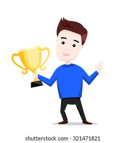 The winner with golden cup. Vector illustration. 