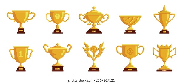 Winner golden cups. Pixel 8 bit game sprites, trophy goblets, mobile app elements, victory symbols, yellow first place awards. Championship and tournament win nowaday vector isolated set