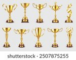 Winner golden cups realistic vector illustration set. Victory symbol. Champion trophy goblets reward 3d models on transparent background