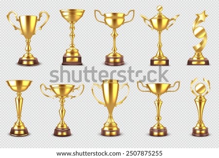 Winner golden cups realistic vector illustration set. Victory symbol. Champion trophy goblets reward 3d models on transparent background