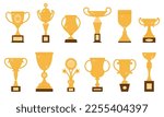 Winner golden flat trophy. Champion cup sign, racing or sport victory elements. Goblet icons, isolated prize or success symbols decent vector set