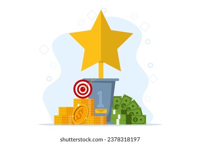 Winner golden trophy concept with cash prize. Awards for winning competitions. Money in exchange for achieving business goals and objectives. flat vector illustration on white background.
