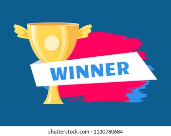 Winner golden trophy cup vector illustration. Shiny award, goblet with wings isolated on blue with color stains, rewarding icon, sport theme poster