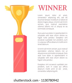 Winner golden trophy cup vector illustration. Shiny gold award, goblet with wings and tags on pedestal rewarding icon, poster badge, cartoon style