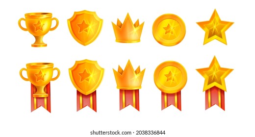 Winner golden trophy vector cup illustration kit, victory game champion badge set, crown, red ribbon. UI achievement medal icons, mobile casino app design element, shield, star. Golden trophy clipart