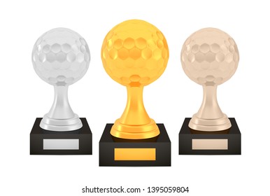 Winner golf awards set, gold silver bronze trophy cups on stands with empty plates, three logo icons isolated on white background, photo realistic vector illustration ball with reflection