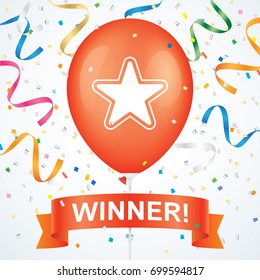 Winner greeting card vector design. Star printed red ballon with ribbon and colorfull confetti on a white background.