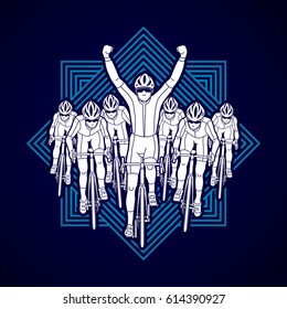The winner with group of biking designed on line square background graphic vector.