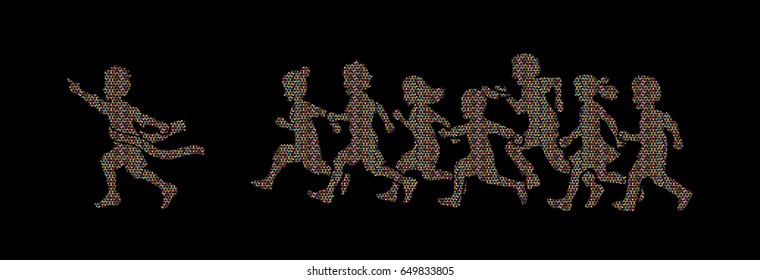 The winner Group of children running marathon, little boy and girl playing together, team work , Friendship designed using colorful mosaic pattern graphic vector