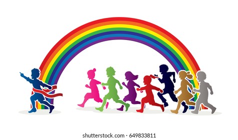 The winner Group of children running marathon, little boy and girl playing together, team work , Friendship designed on rainbows background graphic vector