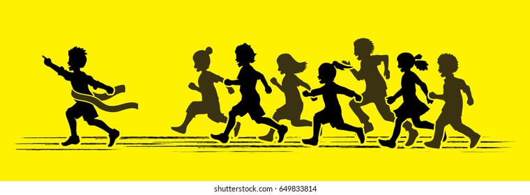 The winner Group of children running marathon, little boy and girl playing together, team work , Friendship graphic vector