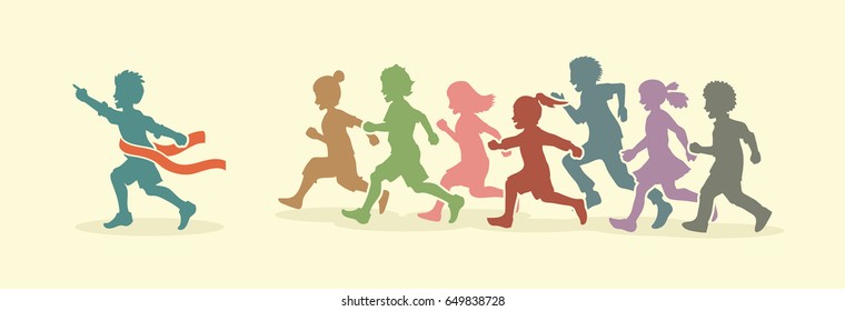 The winner Group of children running marathon, little boy and girl playing together, team work , Friendship designed using vintage colors graphic vector