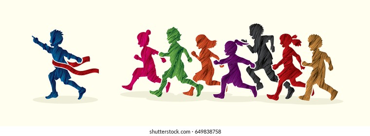 The winner Group of children running marathon, little boy and girl playing together, team work , Friendship designed using colorful grunge brush graphic vector