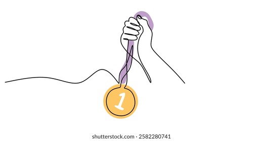 Winner hand gripping a medal in a single continuous line. Representation of success, awards, and sports competition. Vector illustration hand drawn.