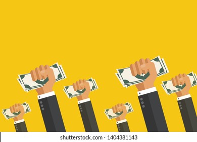 Winner hand up sign. Hand with money. workers or employee revolution against, leadership, politic achievement, businessman shouting logo label. Labour day. cartoon concept illustration.
