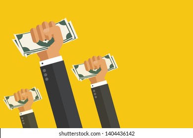 Winner hand up sign. Hand with money. workers or employee revolution against, leadership, politic achievement, businessman shouting logo label. Labour day. cartoon concept illustration.
